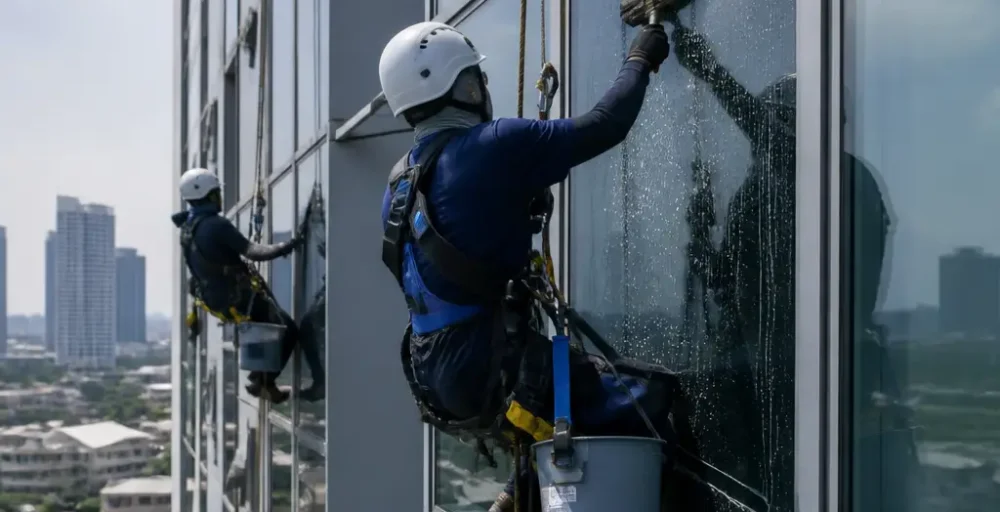 Building Cleaning – Pembersihan Kaca dan ACP/Alucopan Tanpa Scaffolding atau Gondola