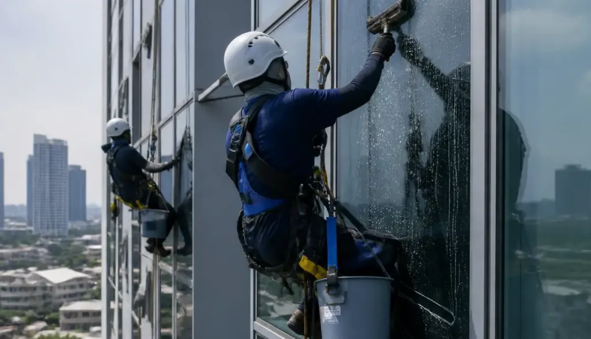 Building Cleaning – Pembersihan Kaca dan ACP/Alucopan Tanpa Scaffolding atau Gondola
