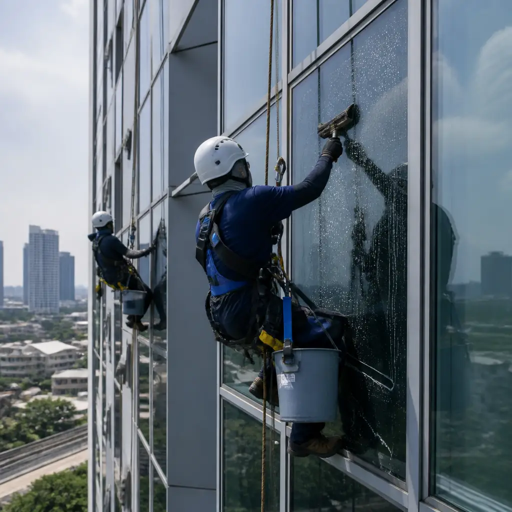 Building Cleaning – Pembersihan Kaca dan ACP/Alucopan Tanpa Scaffolding atau Gondola