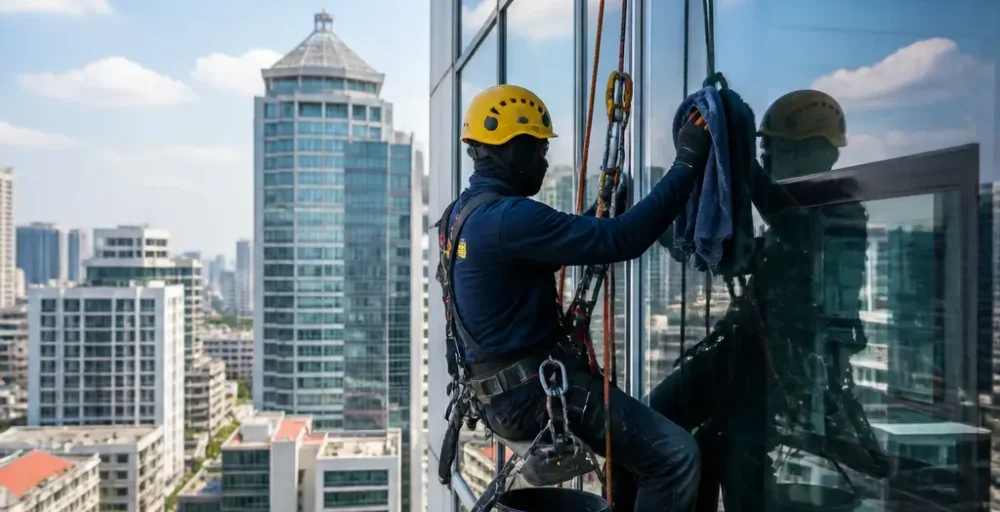 Jasa Building Cleaning Makassar dengan Rope Access untuk Kaca dan ACP/Alucopan