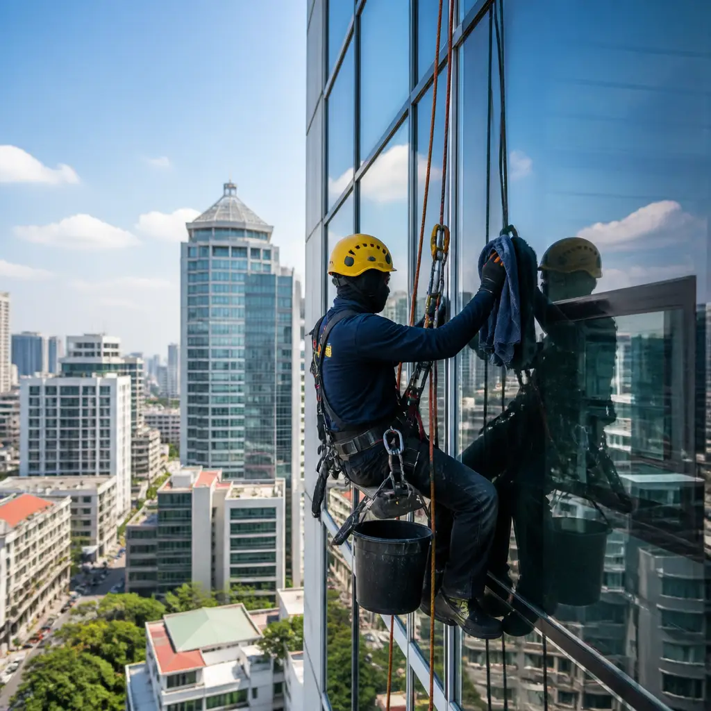 Jasa Building Cleaning Makassar dengan Rope Access untuk Kaca dan ACP/Alucopan