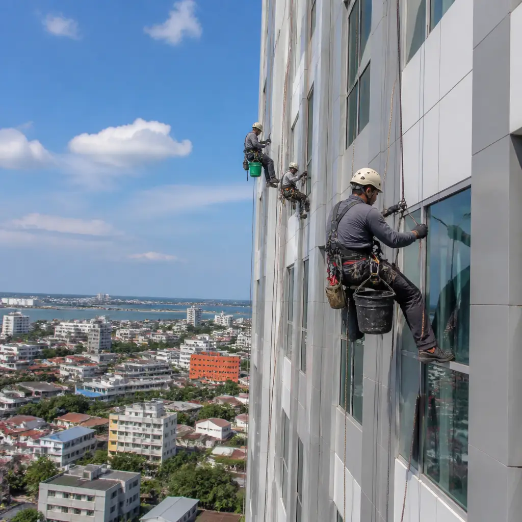<strong>Jasa Rope Access</strong> untuk Building Maintenance di Makassar tanpa scaffolding atau gondola